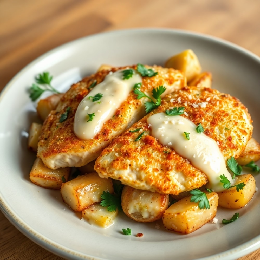 Plated Garlic Parmesan Chicken and Potatoes