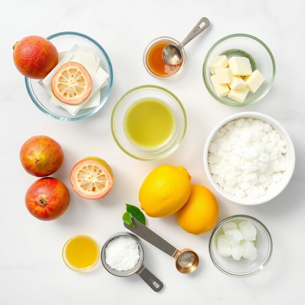 Guava, white tea bags, lemons, sugar, and ice arranged on a marble surface