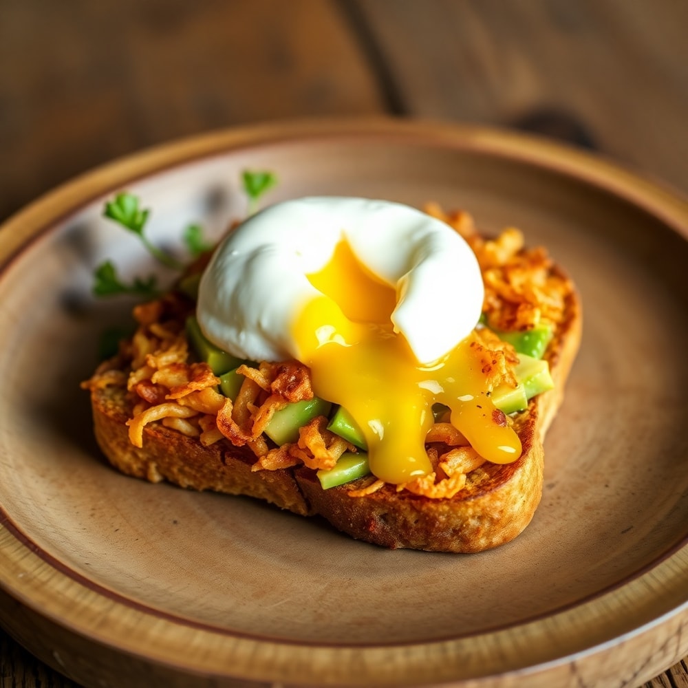Plated hash brown avocado toast with a poached egg