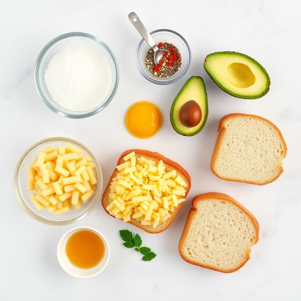 Raw ingredients for hash brown avocado toast on a white marble surface