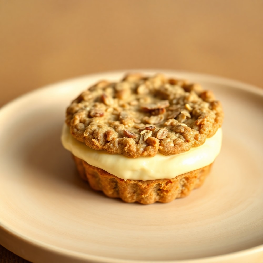 A single homemade oatmeal cream pie on a light wooden plate