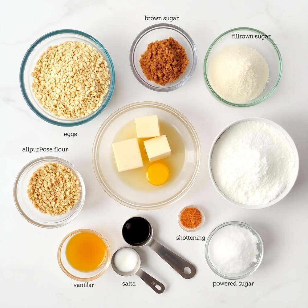 Raw ingredients for homemade oatmeal cream pies on a white marble surface
