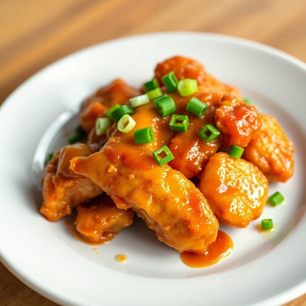 Plated Crispy Honey Garlic Chicken with green onions