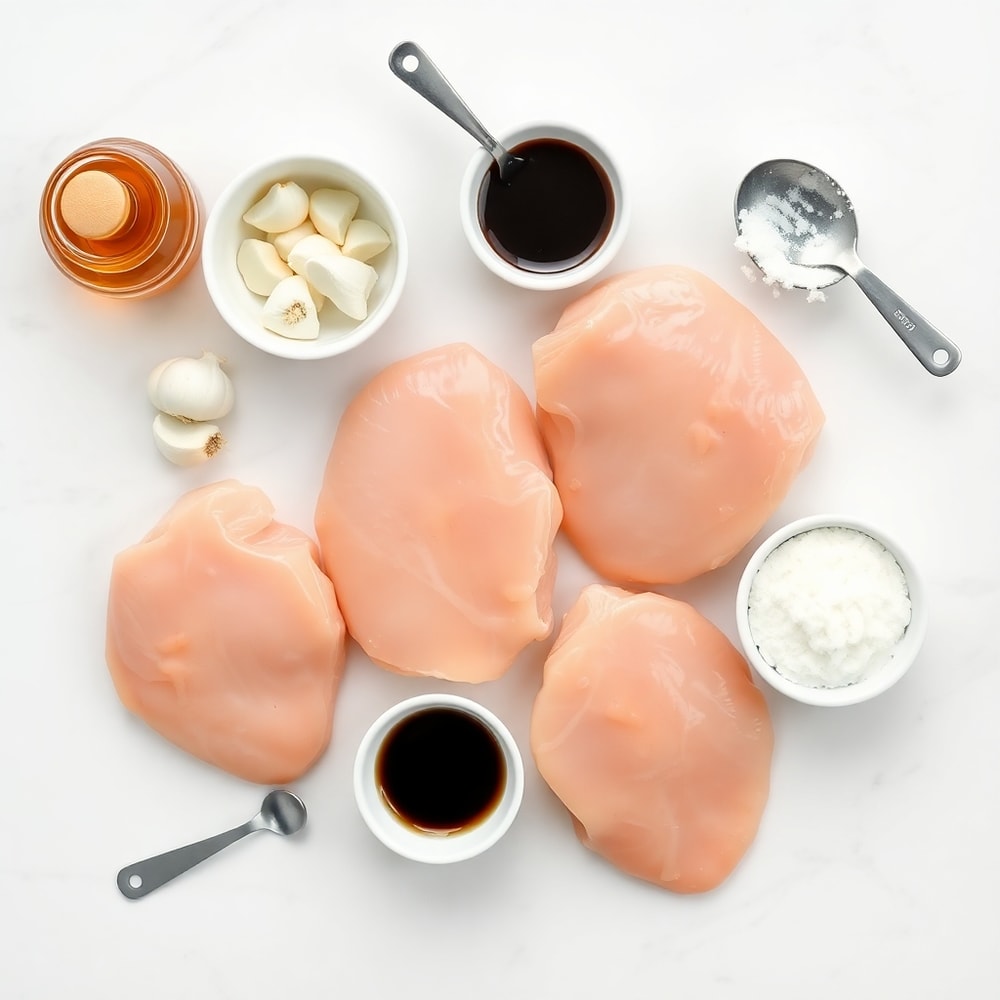 Honey, garlic, chicken, soy sauce, and cornstarch laid out