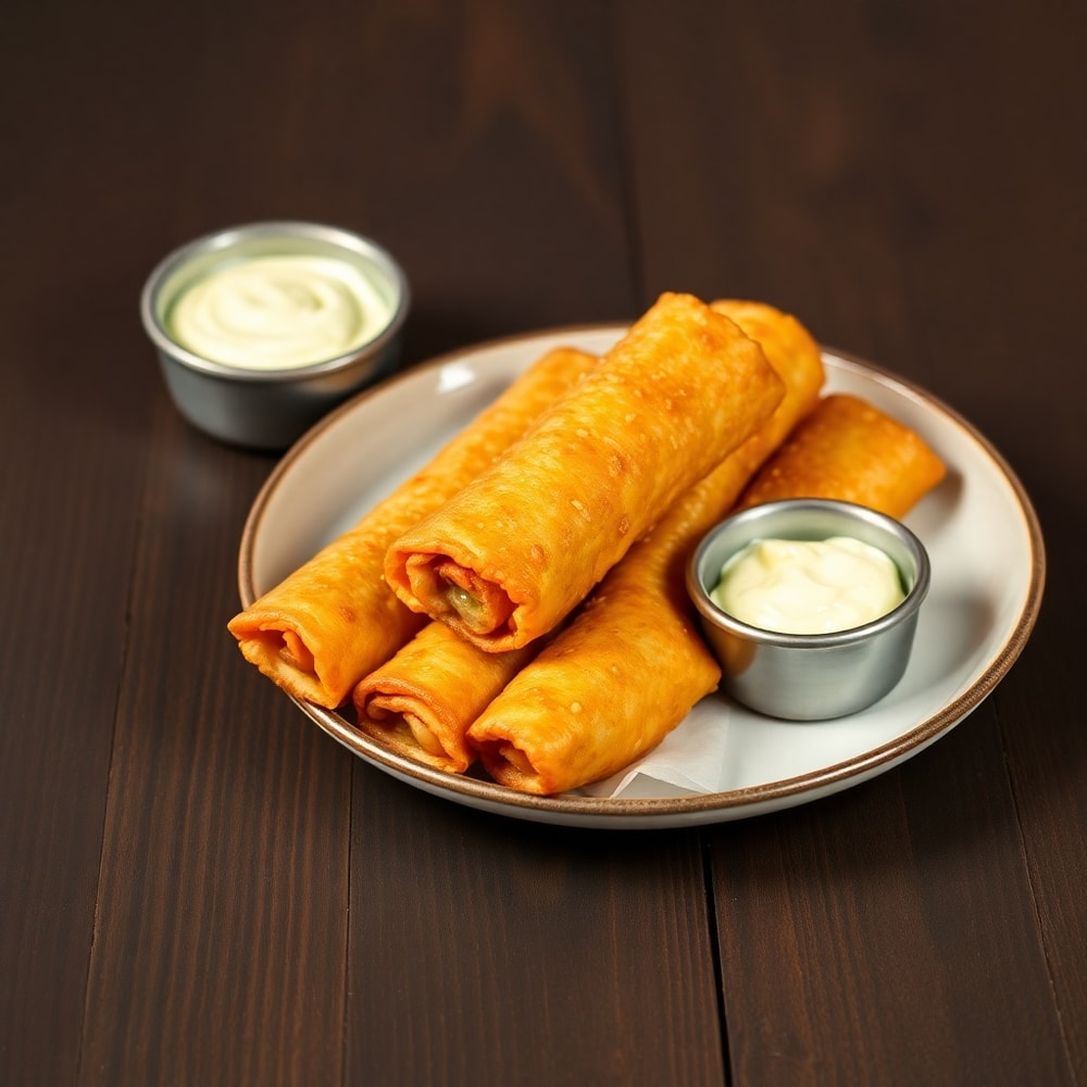 Plated Jalapeño Popper Egg Rolls with sour cream and guacamole