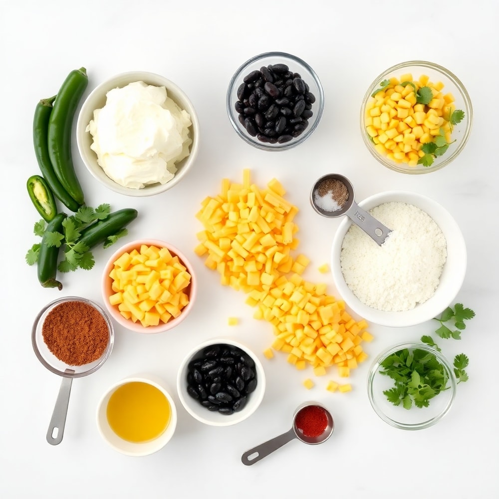 Raw ingredients for Jalapeño Popper Egg Rolls on a white marble surface