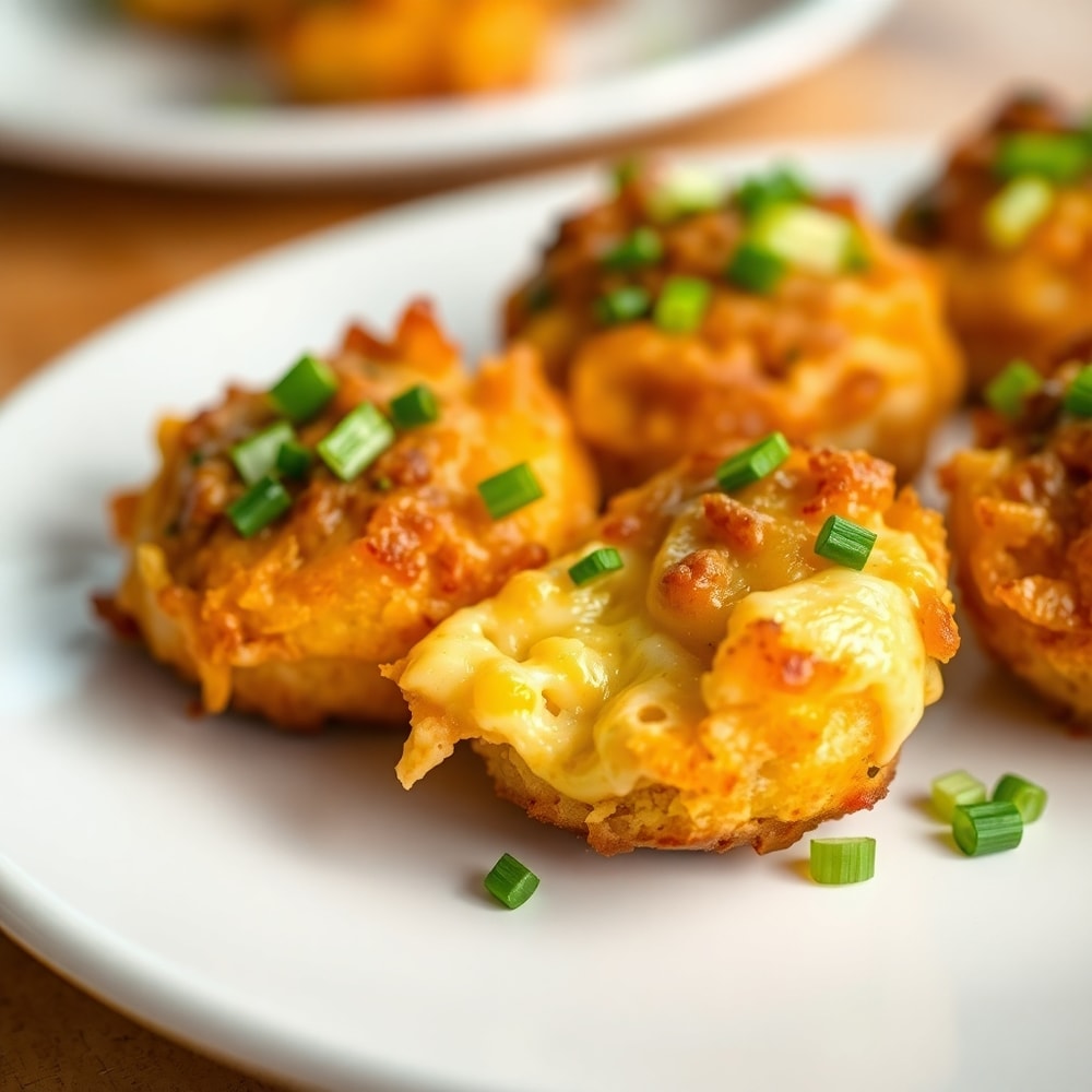 Plated loaded hashbrown bites on a white plate with a fork