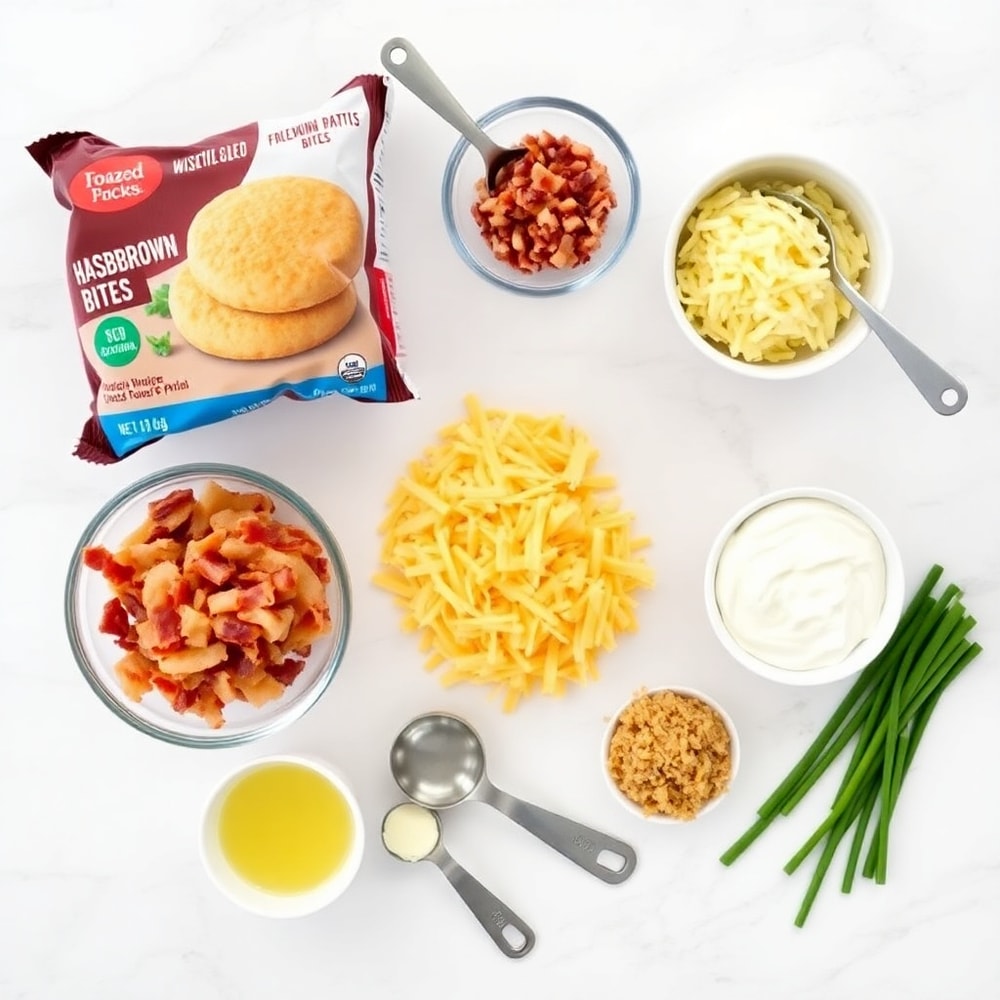 Raw ingredients for loaded hashbrown bites on a white marble surface