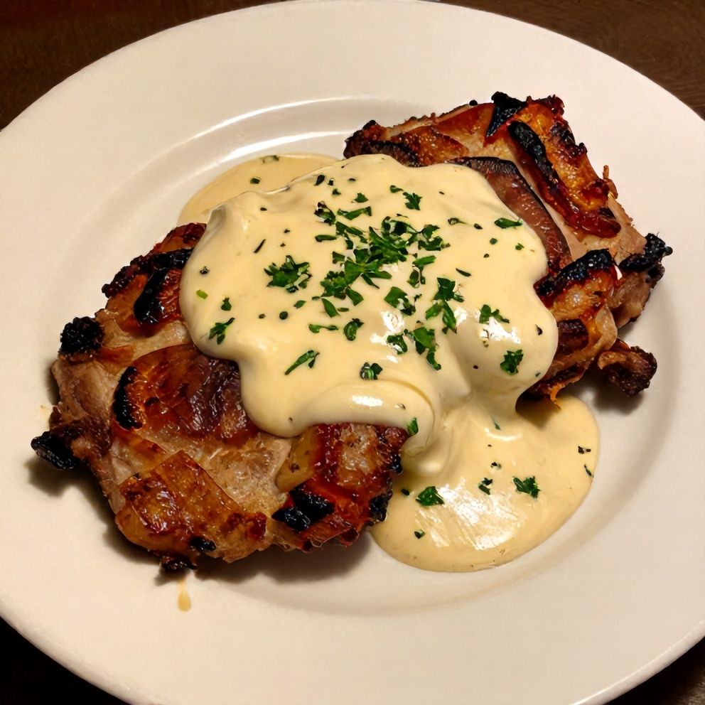 Plated Maple Bacon Pork Chops with Creamy Dijon Sauce