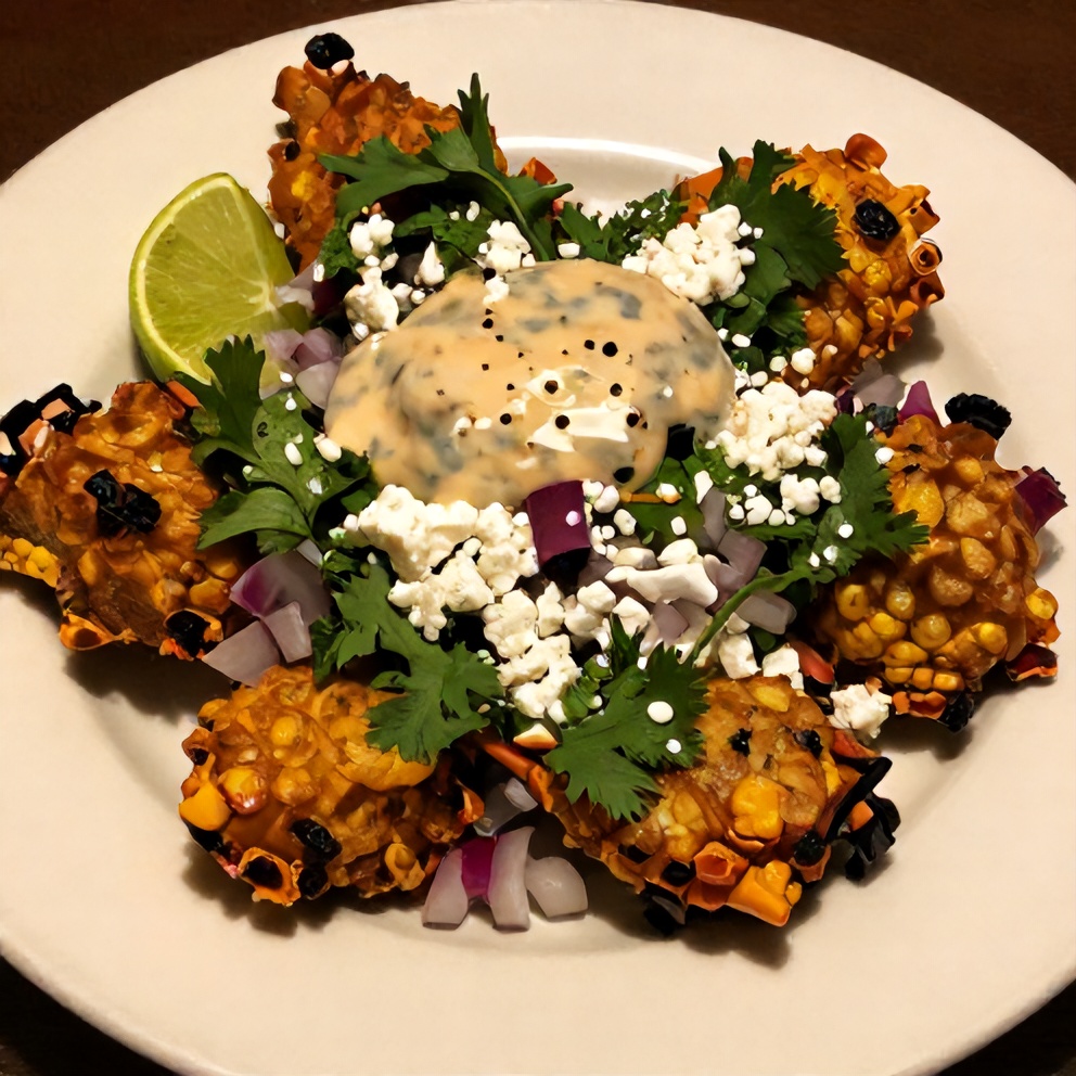 Plated Mexican street corn fritters with spicy lime sauce