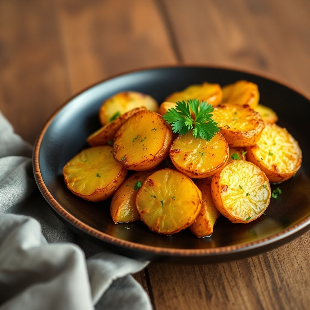 One perfect plated serving of crispy mustard roasted potatoes on a dark wooden plate, garnished with fresh parsley, close crop, warm side lighting showing crispy edges and fluffy insides