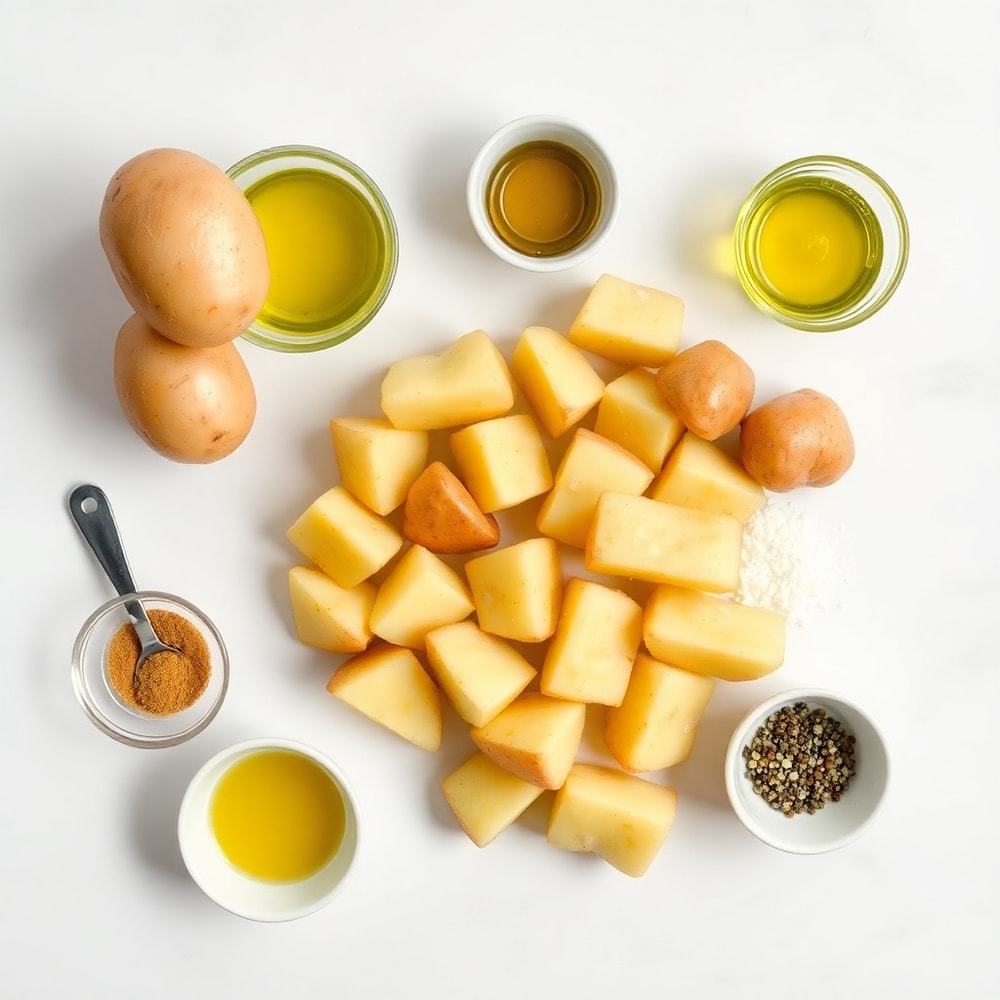 Raw ingredients for crispy mustard roasted potatoes arranged as an overhead flat lay, including potatoes, olive oil, mustard, garlic, salt, and pepper, small prep bowls and measuring spoons visible, white marble surface, bright even natural light