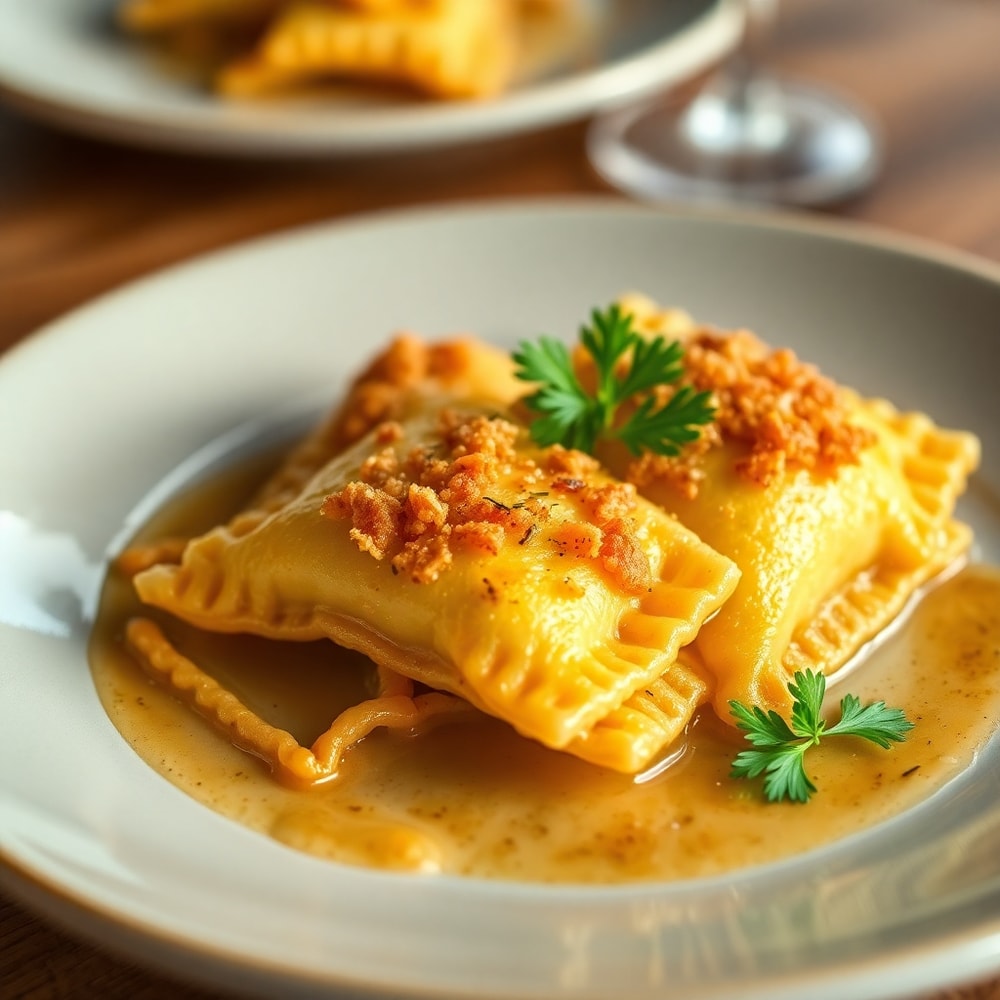 Crispy Ravioli Appetizer plated with fresh parsley