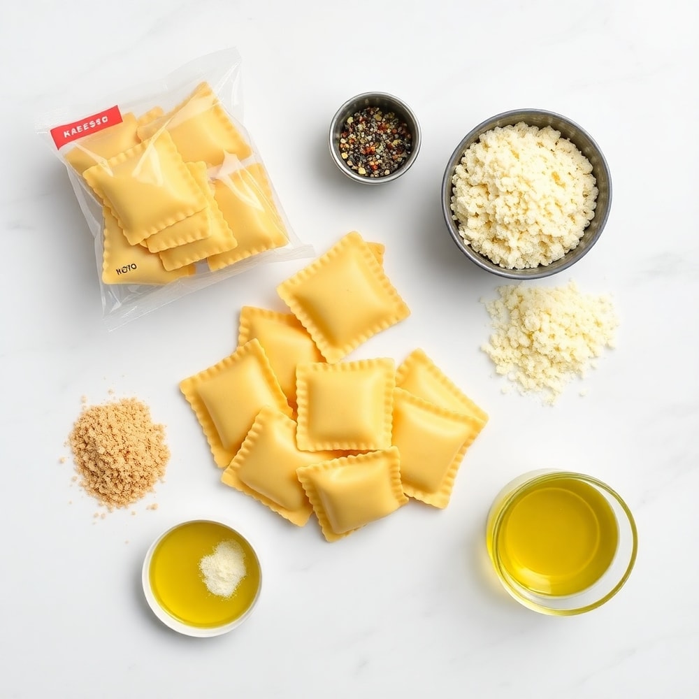 Ravioli, parmesan, garlic, olive oil, and breadcrumbs laid out for Crispy Ravioli Appetizer