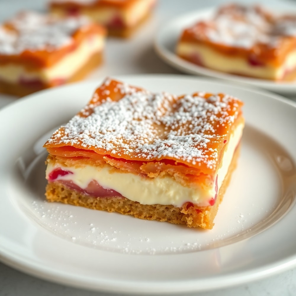 One perfect plated serving of Rhubarb Bars with Cream Cheese on a white plate, garnished with powdered sugar. Close crop, warm side lighting showing crispy edges and creamy cheesecake layer. Photorealistic food photography.
