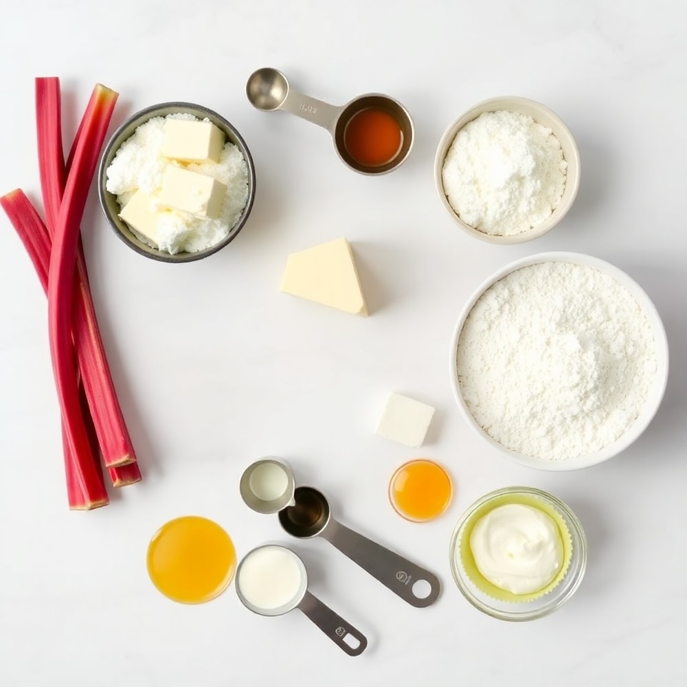 Overhead flat lay of raw ingredients: rhubarb, butter, sugar, flour, eggs, cream cheese, vanilla extract. Measuring spoons and bowls visible. White marble surface, bright even light. Photorealistic overhead food photography.
