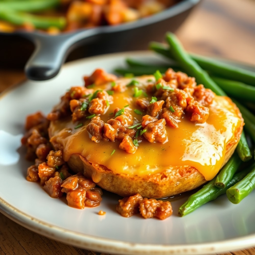 Plated serving of Crispy Sloppy Joe Potato Skillet with a side of green beans