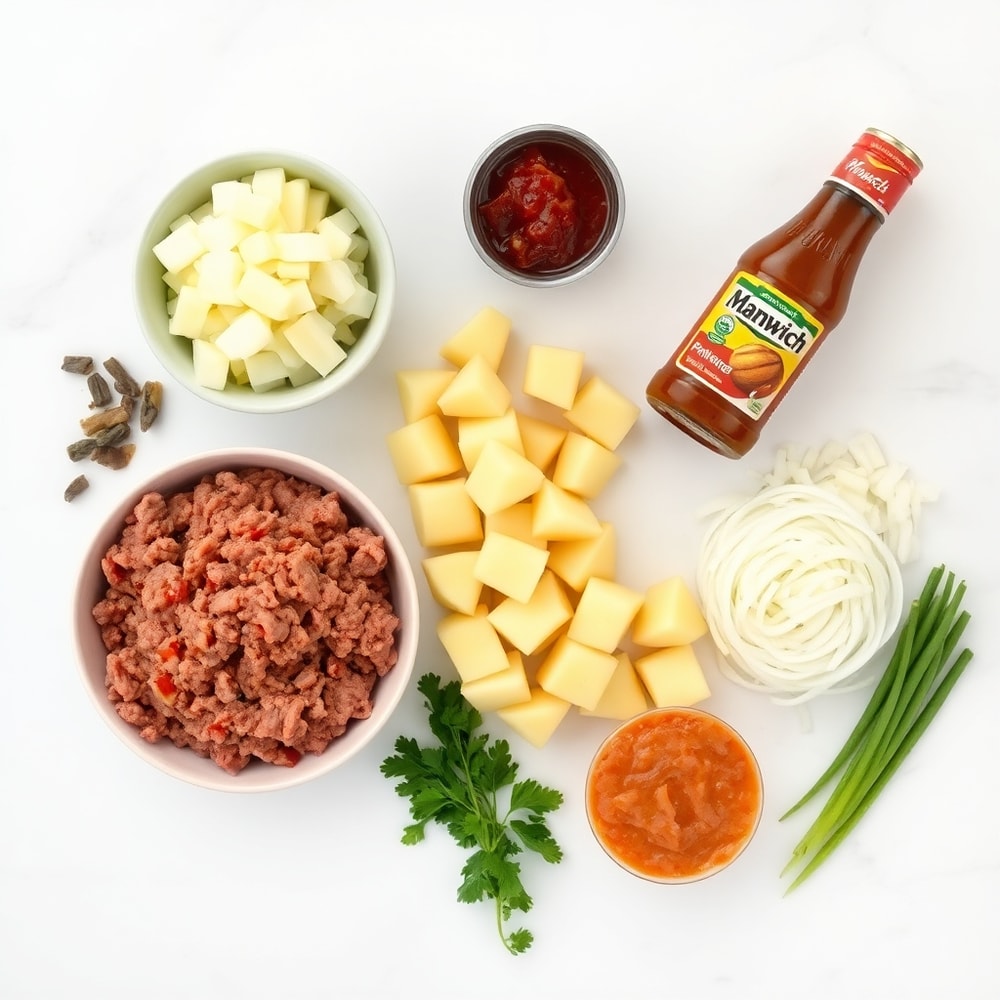 Raw ingredients for Sloppy Joe Potato Skillet including ground beef, potatoes, onions, and Manwich sauce