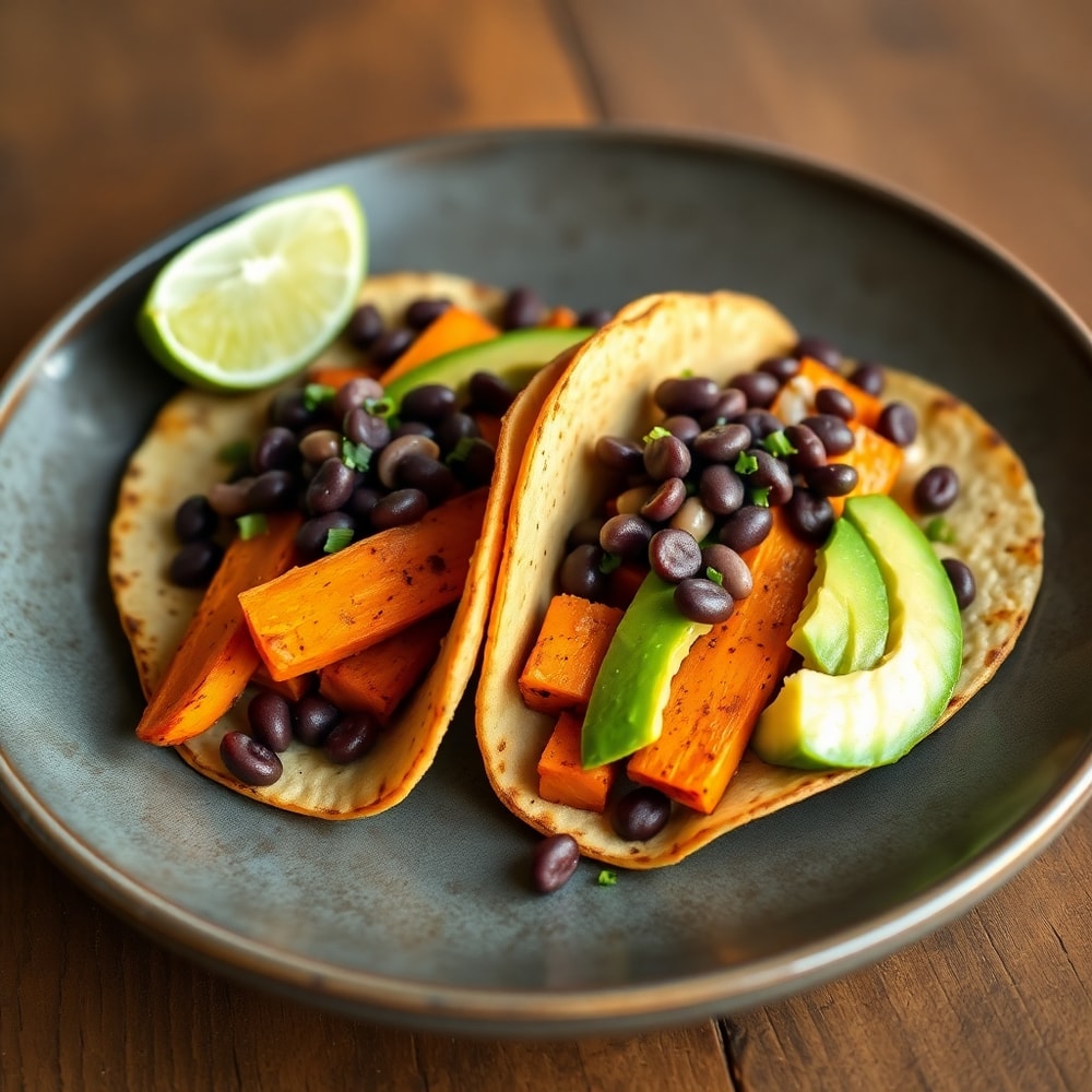 Plated Sweet Potato and Black Bean Tacos with avocado and lime