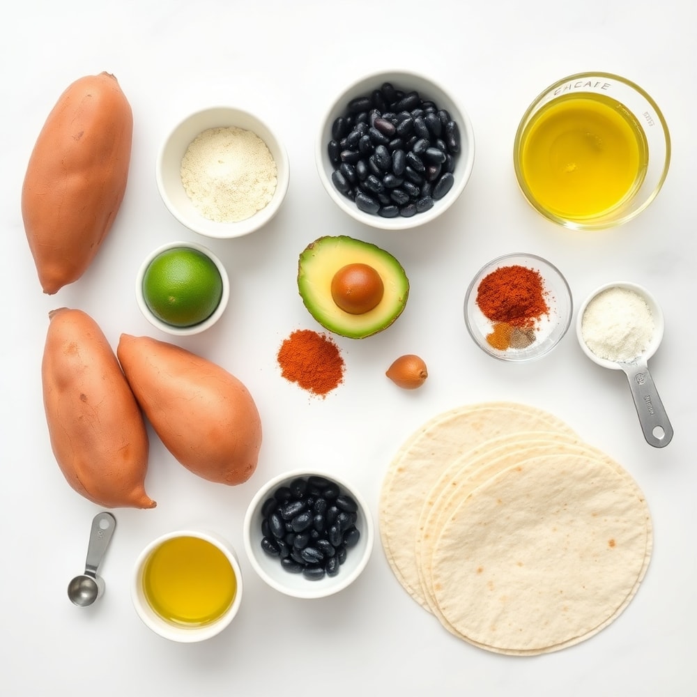Raw ingredients for Sweet Potato and Black Bean Tacos