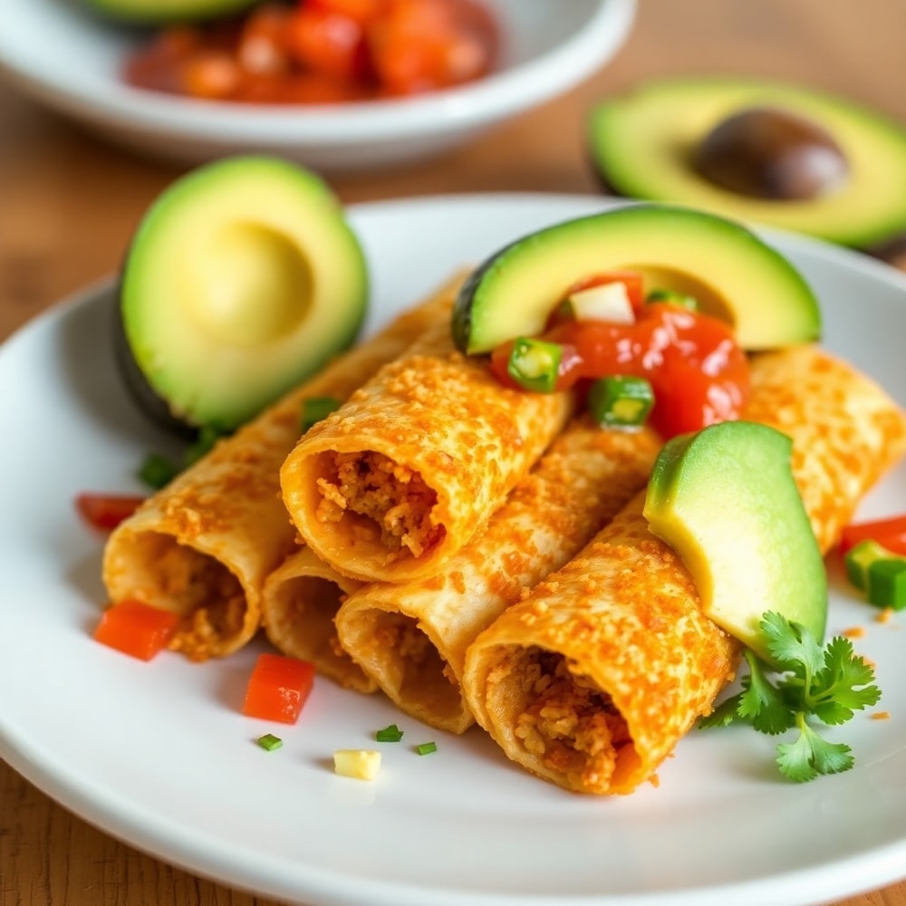 Plated Vegan Taquitos with avocado and salsa