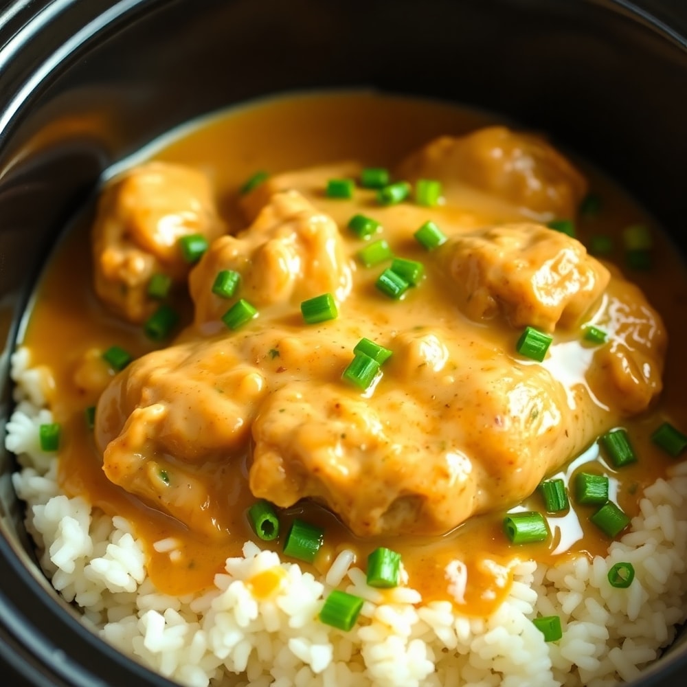 Crockpot Cajun Butter Chicken served over rice with chopped green onions