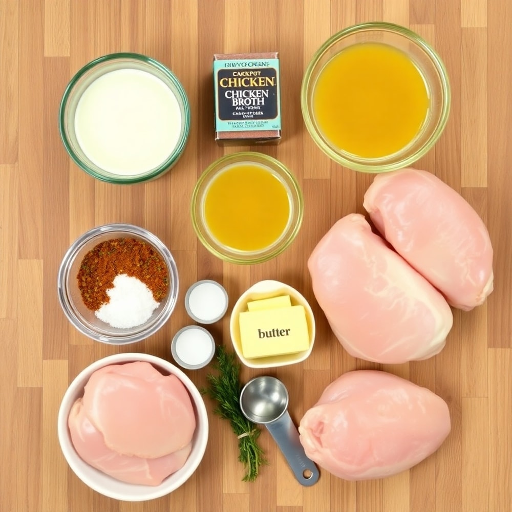 Raw ingredients for Crockpot Cajun Butter Chicken arranged on a wooden surface
