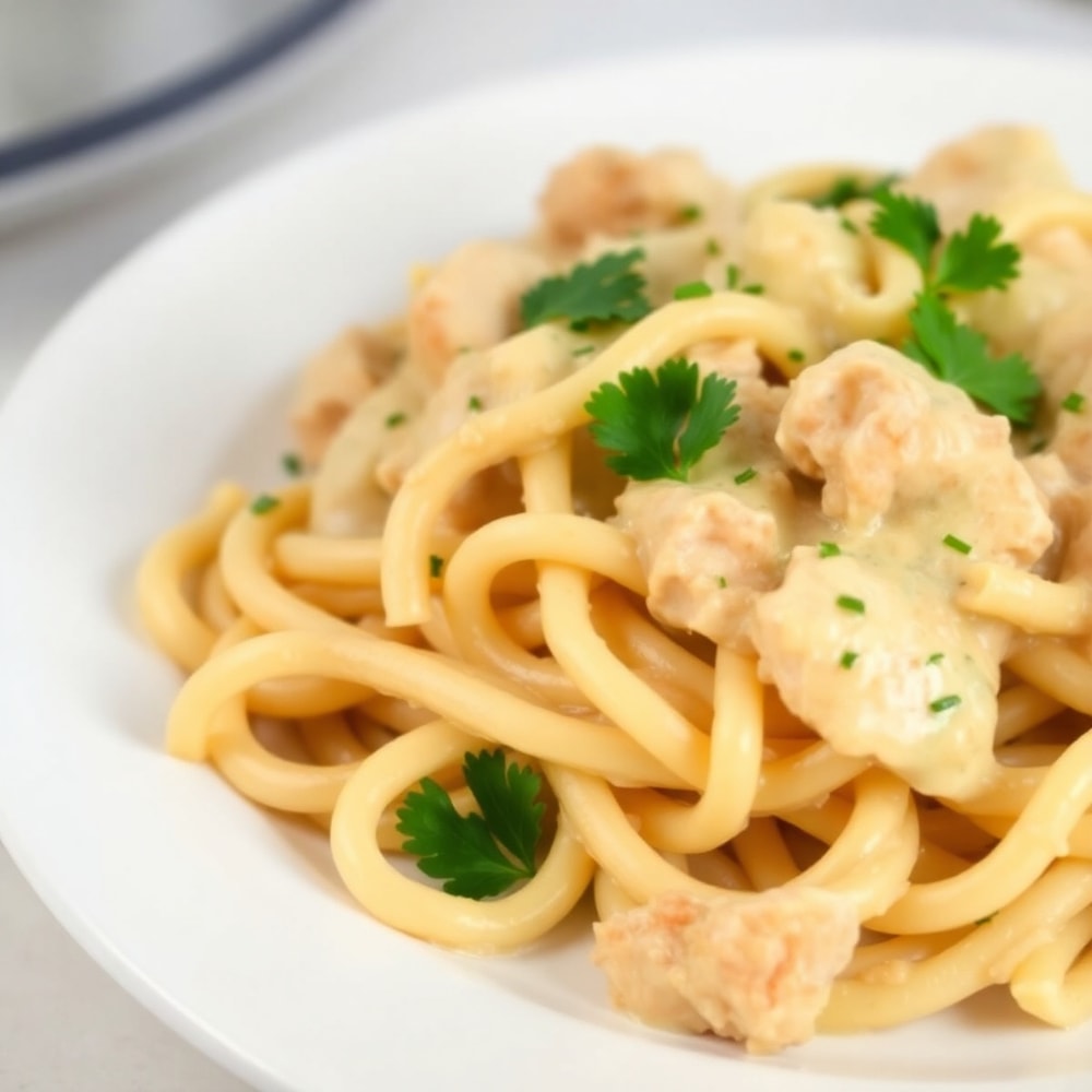 Plated serving of Crockpot Chicken Pasta with fresh parsley garnish
