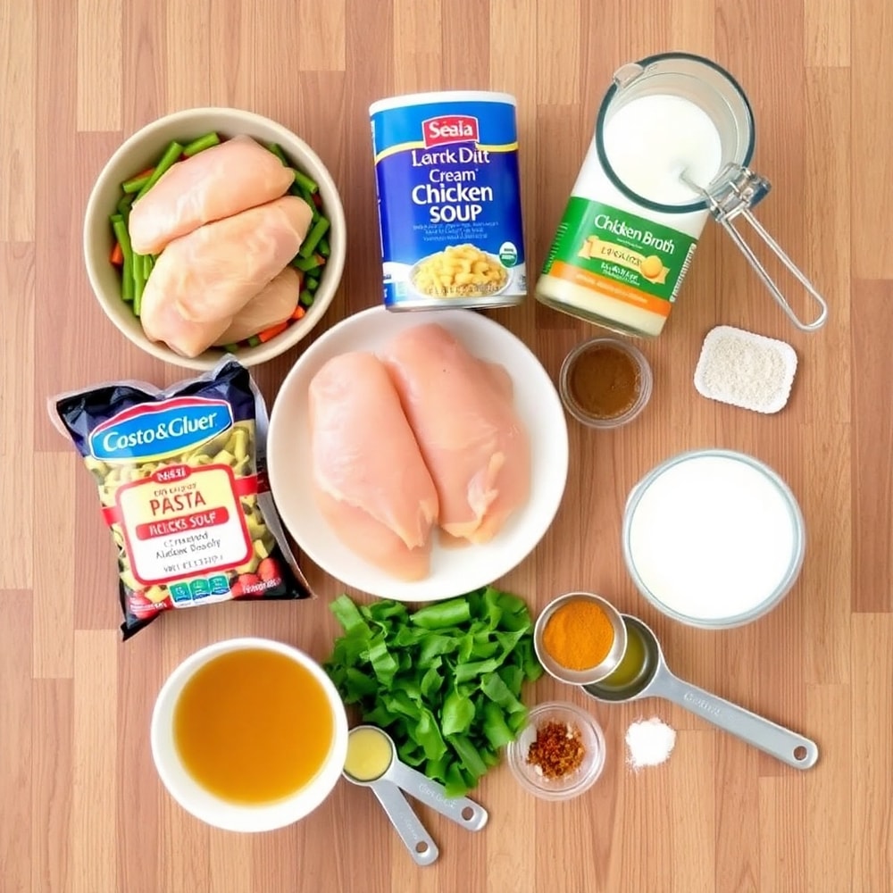 Raw ingredients for Crockpot Chicken Pasta laid out on a wooden surface