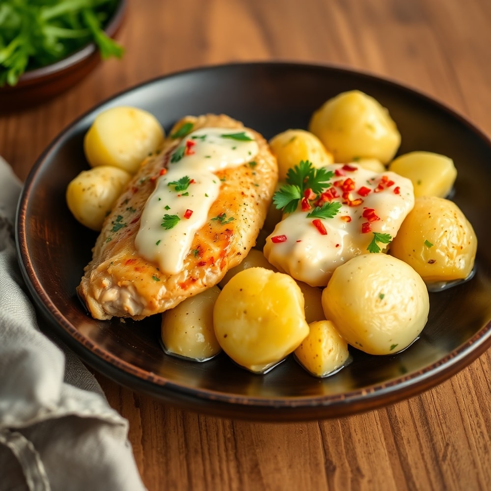 Plated serving of crockpot garlic parmesan chicken and potatoes with fresh parsley
