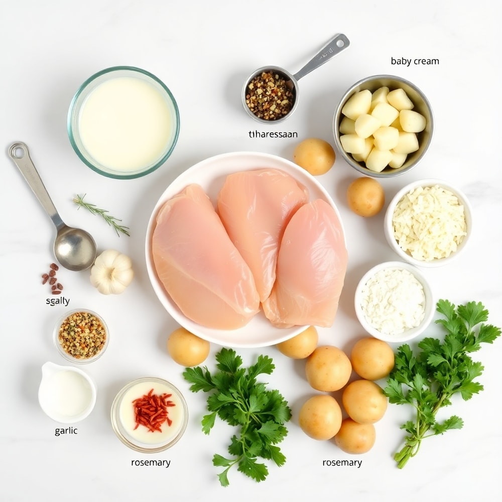 Raw ingredients for crockpot garlic parmesan chicken and potatoes on a wooden surface