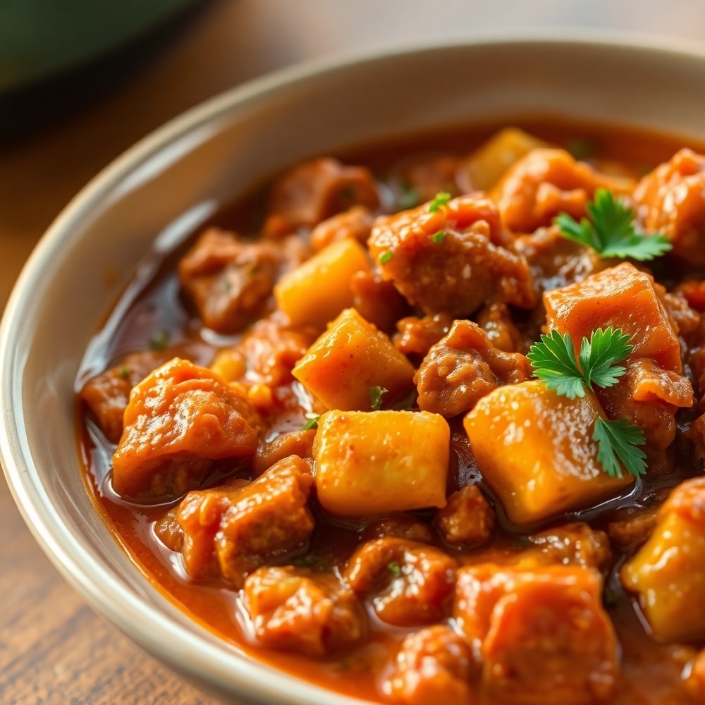 Plated Crockpot Goulash with parsley garnish