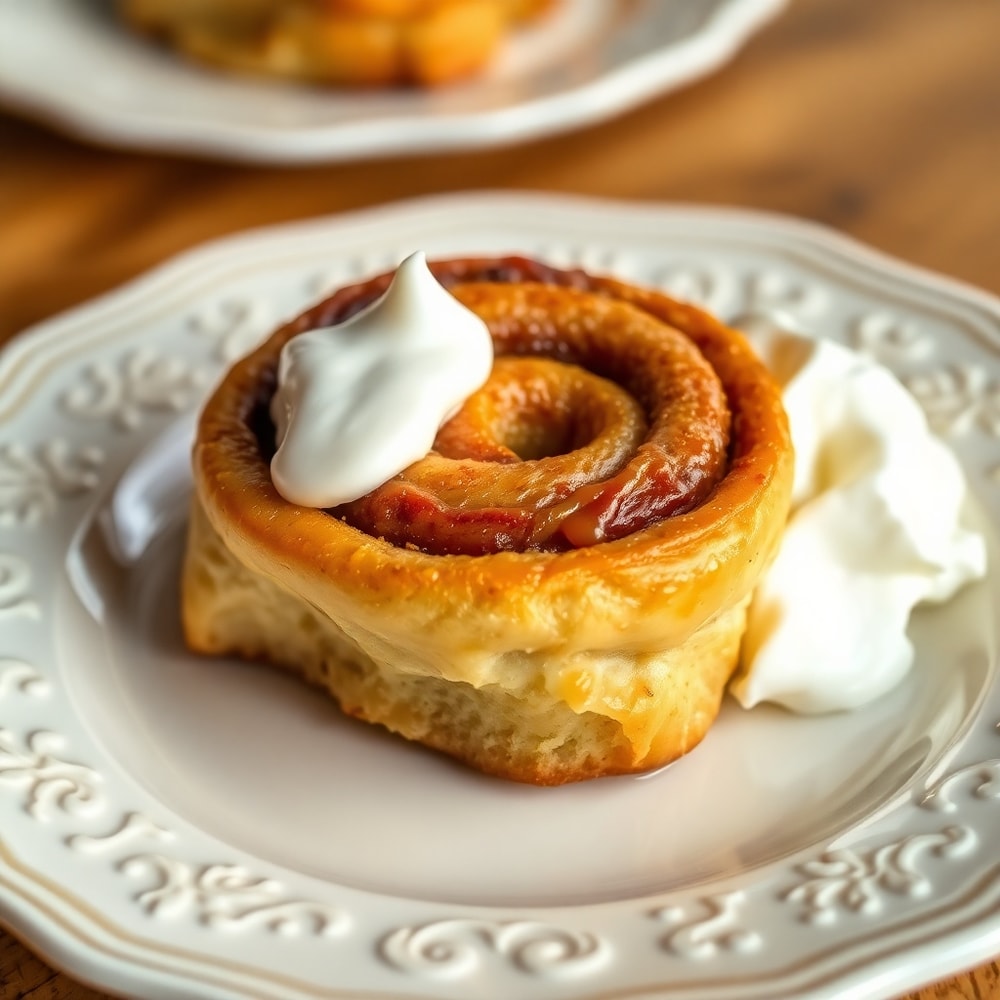 Amish Cinnamon Roll Flop served on a plate with a side of whipped cream