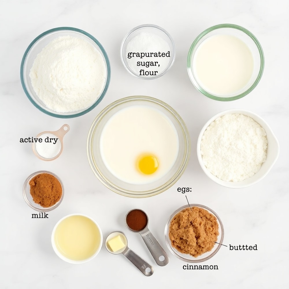 Raw ingredients for Amish Cinnamon Roll Flop including flour, sugar, butter, and cinnamon