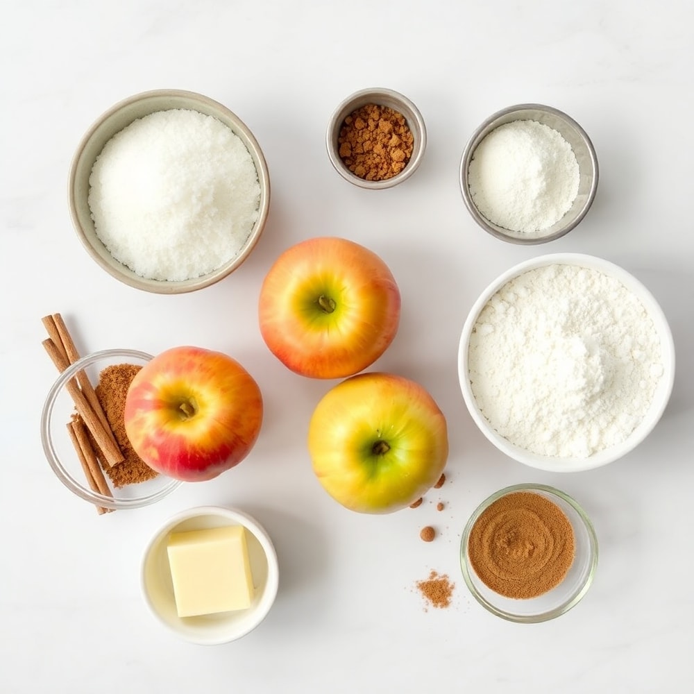 Raw ingredients for Easy Apple Pie Bars including apples, sugar, and flour