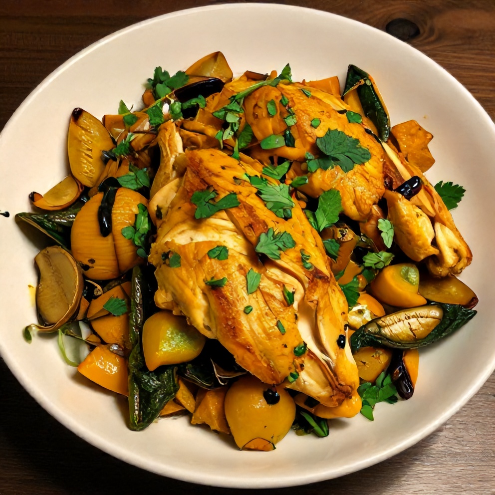 Plated baked turmeric chicken with spring vegetables