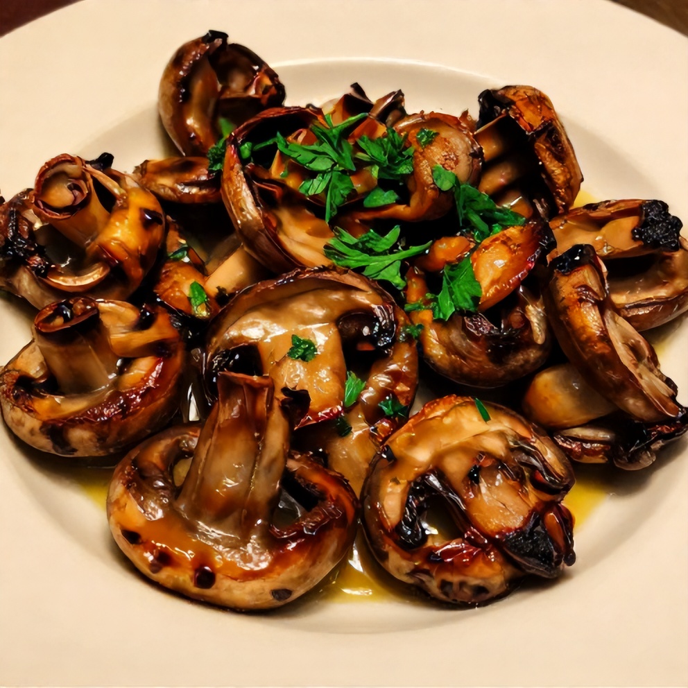 One perfect serving of Balsamic Roasted Garlic Mushrooms on a plate, garnished with fresh parsley, close crop, warm side lighting showing crispy edges, photorealistic food photography