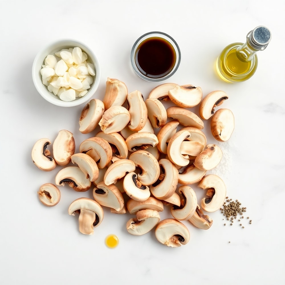 Overhead flat lay of sliced mushrooms, minced garlic, balsamic vinegar, olive oil, salt, and pepper, white marble surface, bright even light, photorealistic overhead food photography