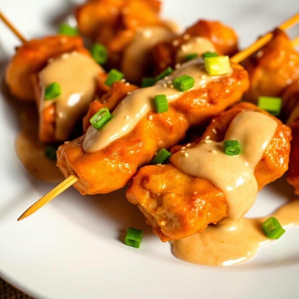 Plated Bang Bang Chicken Skewers with green onions