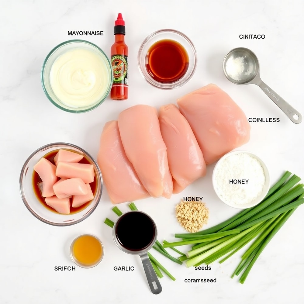 Raw ingredients for Bang Bang Chicken Skewers