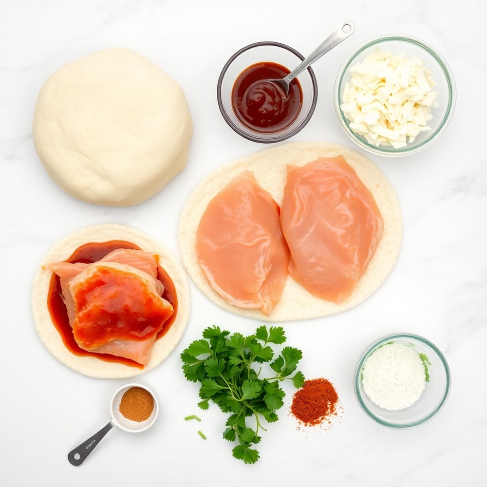 Raw ingredients for BBQ Chicken Flatbread on a white marble surface