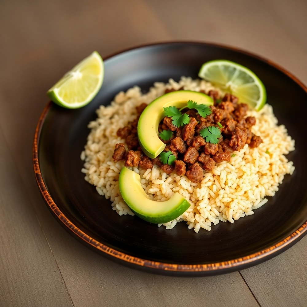 Taco Rice Bowl plated with crispy ground beef, fluffy rice, creamy avocado, and garnished with fresh cilantro