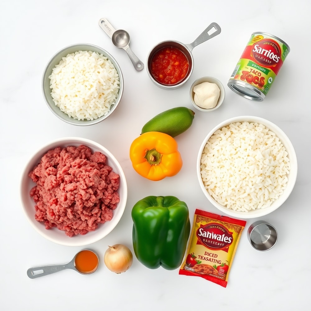 Raw ingredients for Taco Rice Bowl: ground beef, rice, avocado, bell peppers, onions, and spices