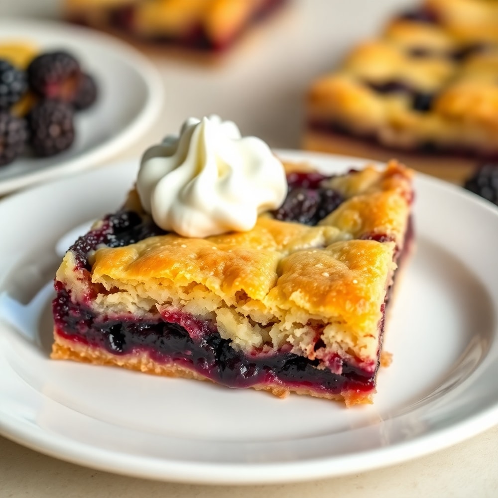 A perfect slice of Easy Blackberry Cobbler Bars on a white plate