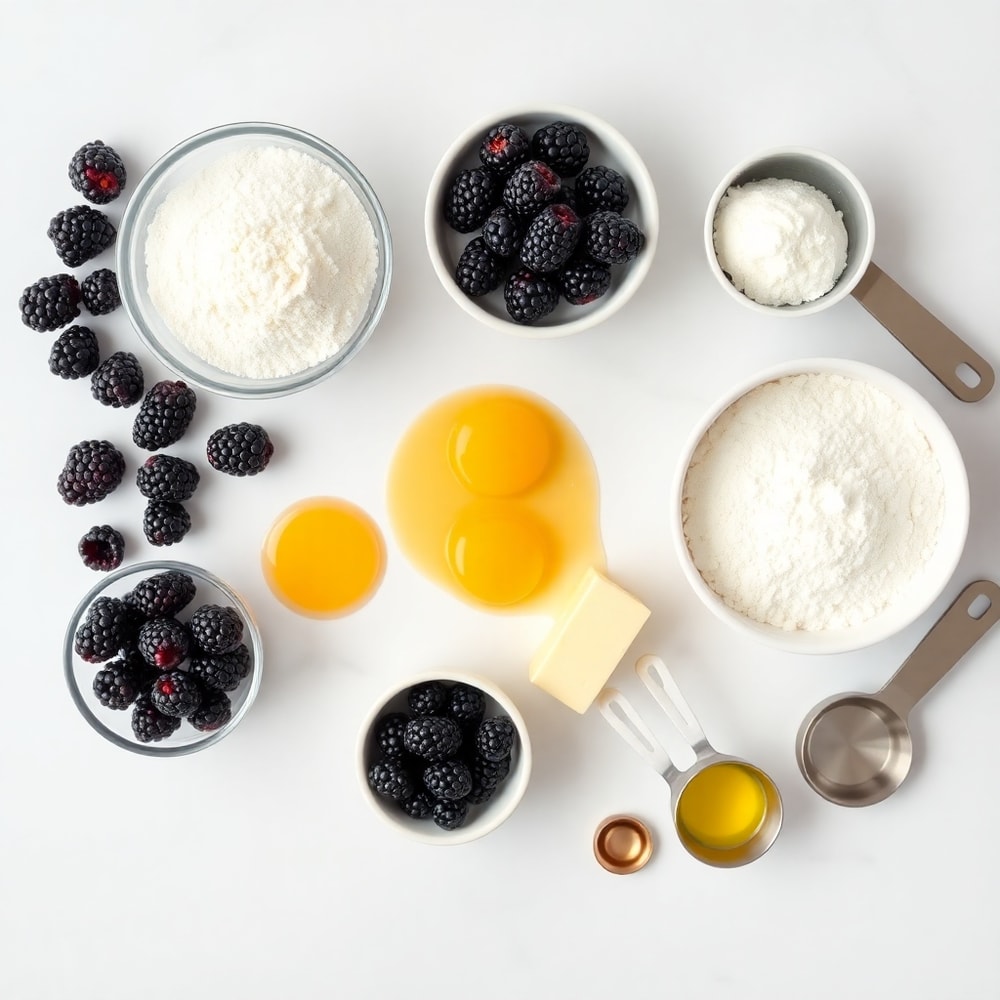 Blackberries, flour, sugar, butter, and eggs arranged on a marble surface