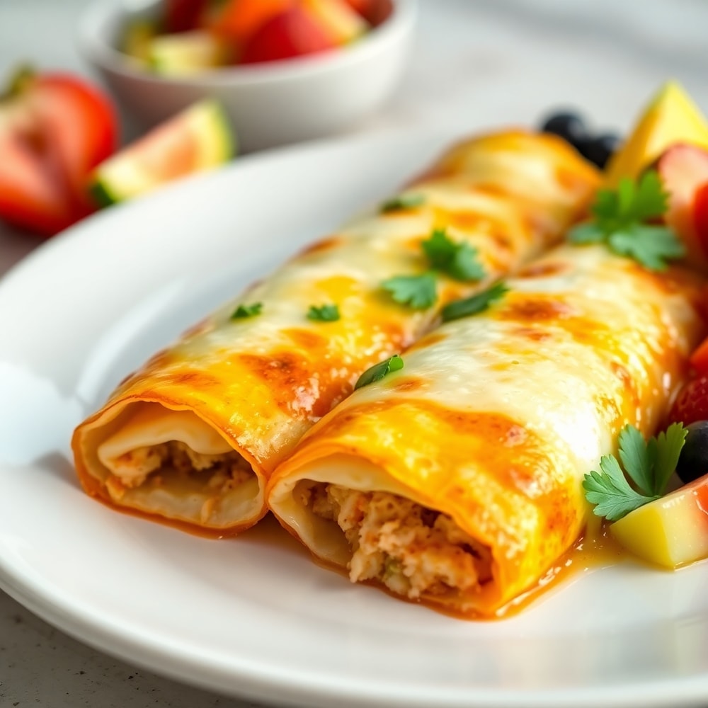 Plated Easy Breakfast Enchiladas with fresh cilantro and a side of mixed fruit