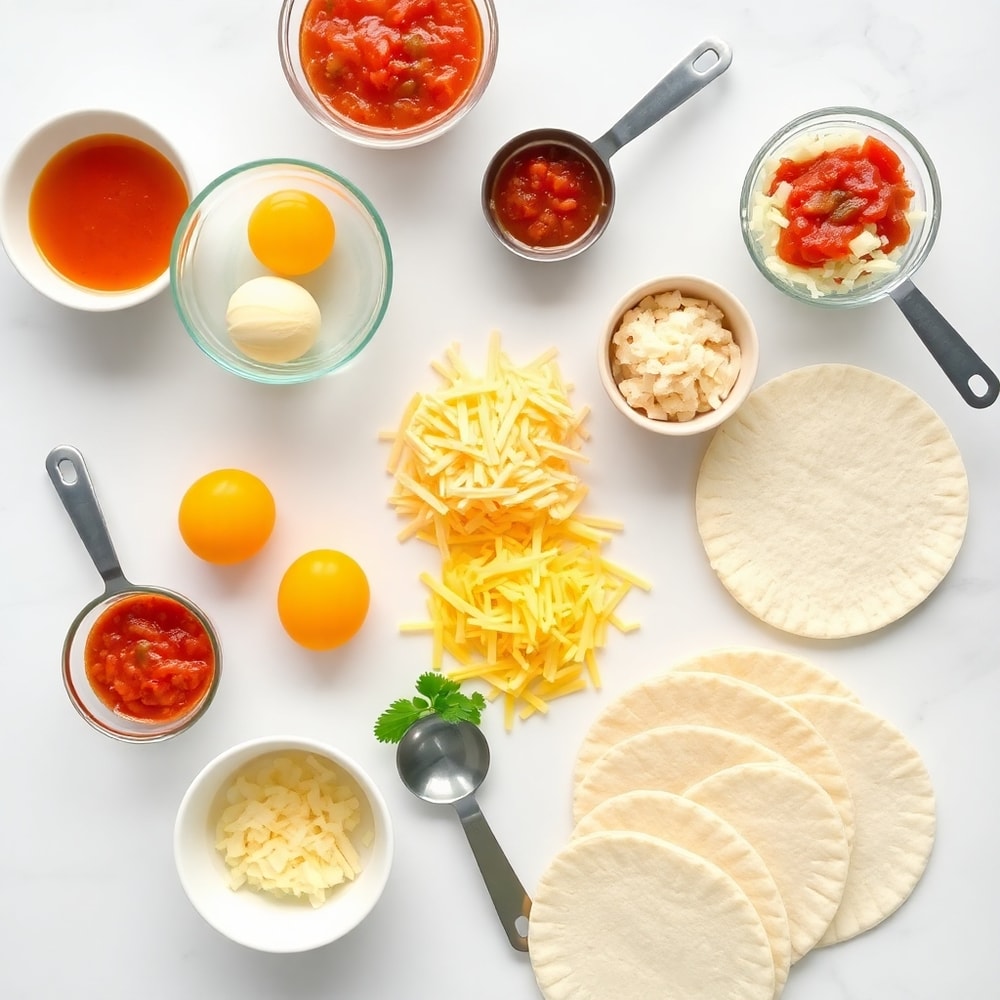 Raw ingredients for Easy Breakfast Enchiladas including tortillas, eggs, cheese, and salsa