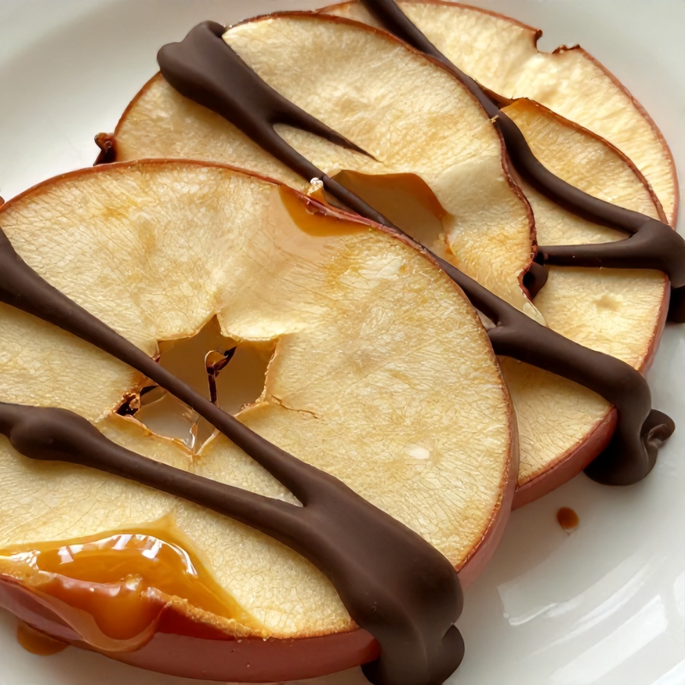 Caramel apple slices with chocolate drizzle on a white plate