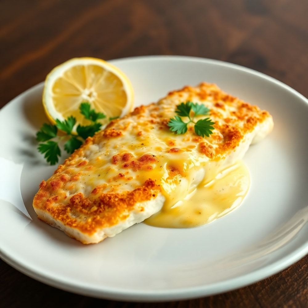 Plated serving of cheesy baked halibut