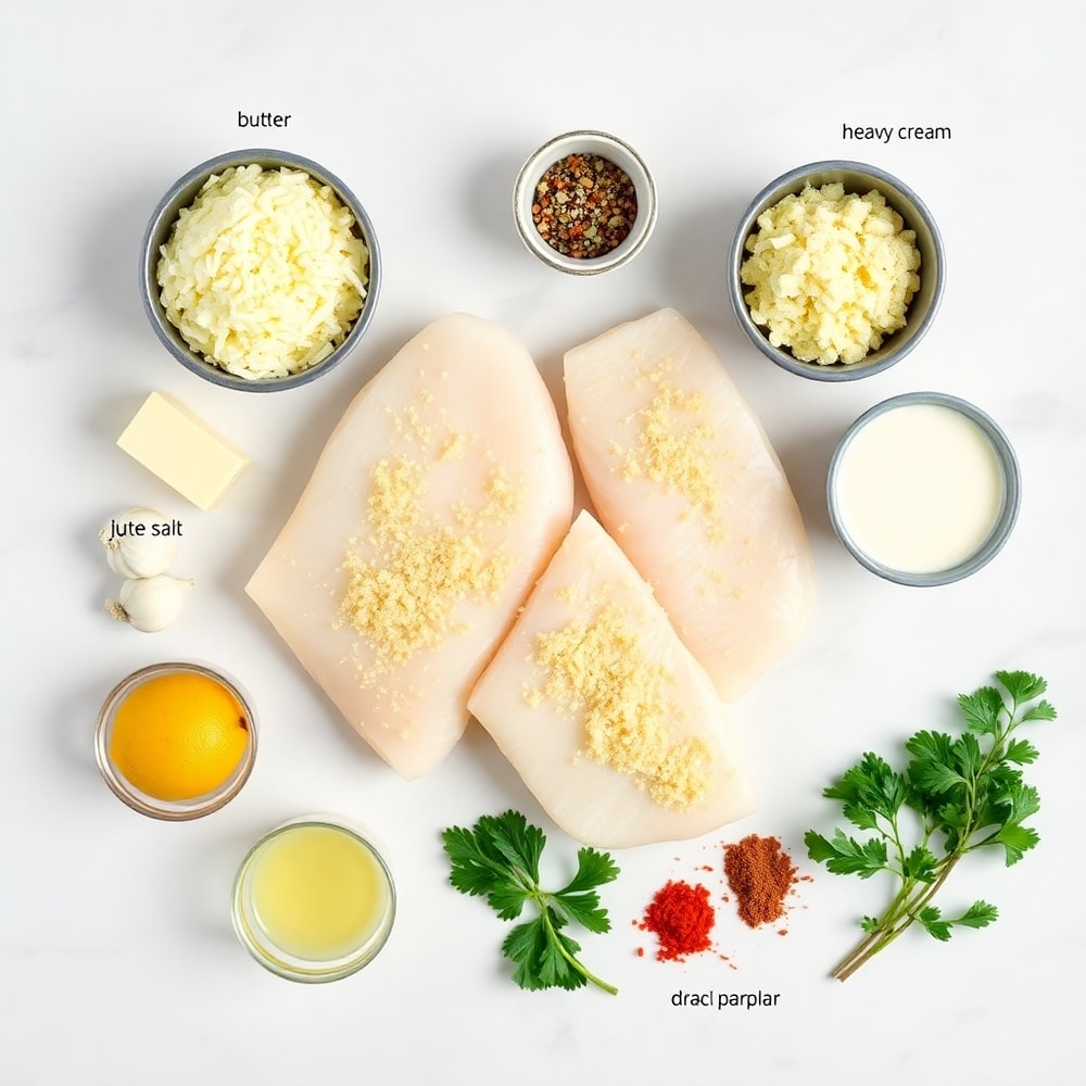 Raw ingredients for cheesy baked halibut